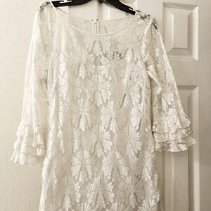 JESSICA H Lace boho Fairy Creme Off White Mini Dress Bell Sleeve Bride  12P